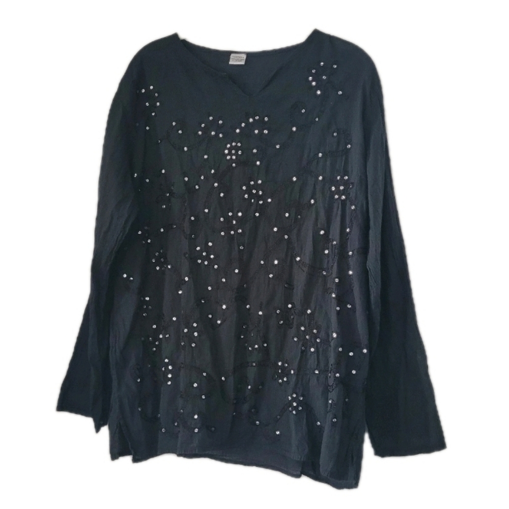 Black Cotton Embroidered Sequin Top Blouse Whimsigoth Women's Size L / XL Boho